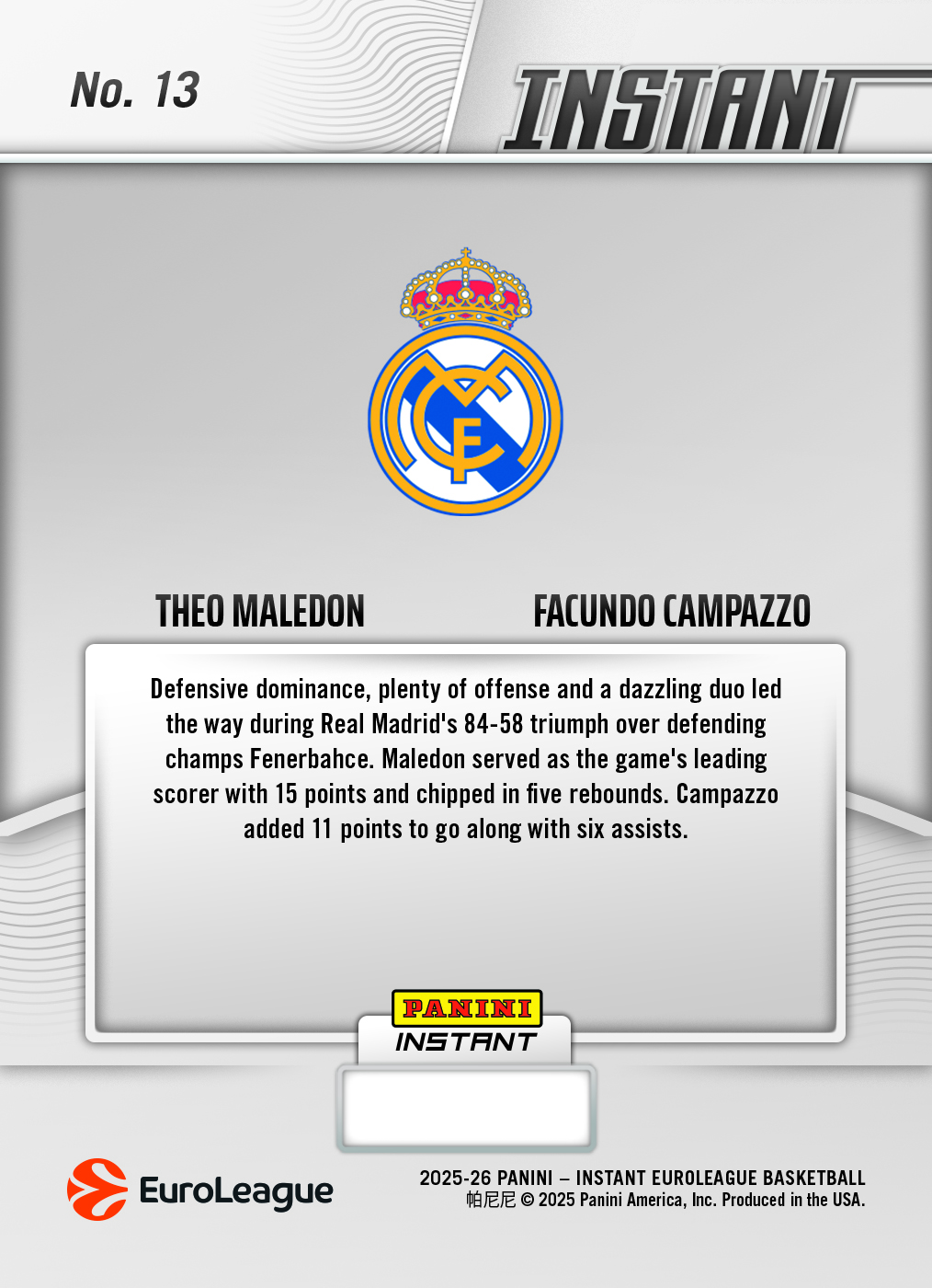 Theo Maledon/Facundo Campazzo - 2025-26 Panini Instant EuroLeague #13 - Gold /10 Auto - Image 2