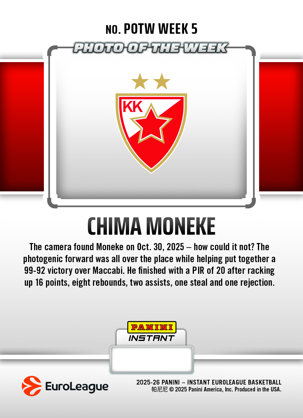 Chima Moneke - 2025-26 Panini Instant EuroLeague Photo of the Week #5 - Galaxy 1/1 - Image 2