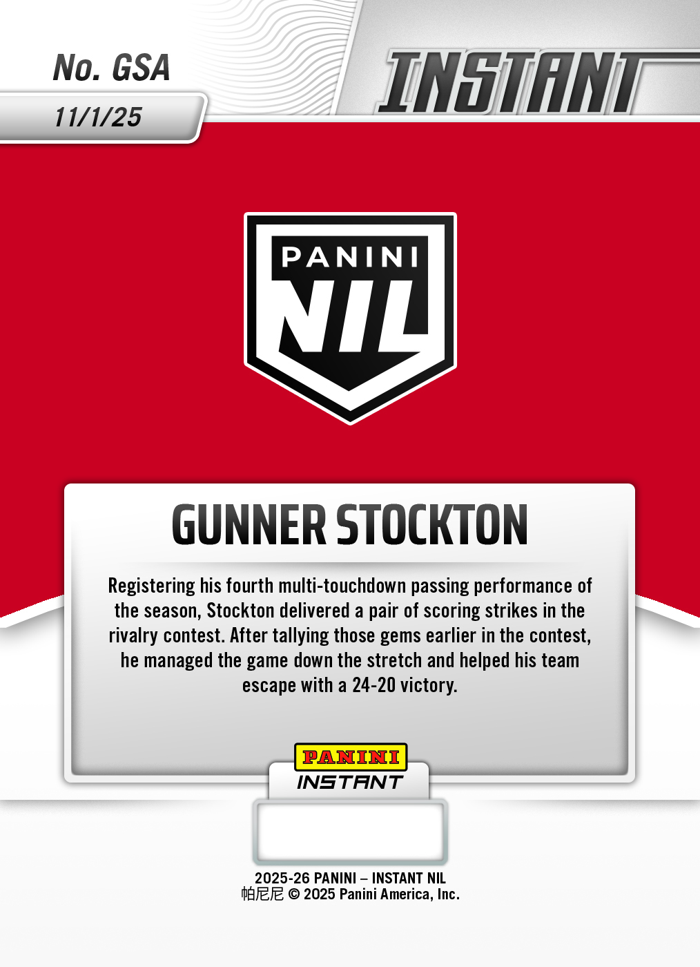 Gunner Stockton - 2025 Panini Instant NIL College Football #GSA - Magma 1/1 Auto - Image 2