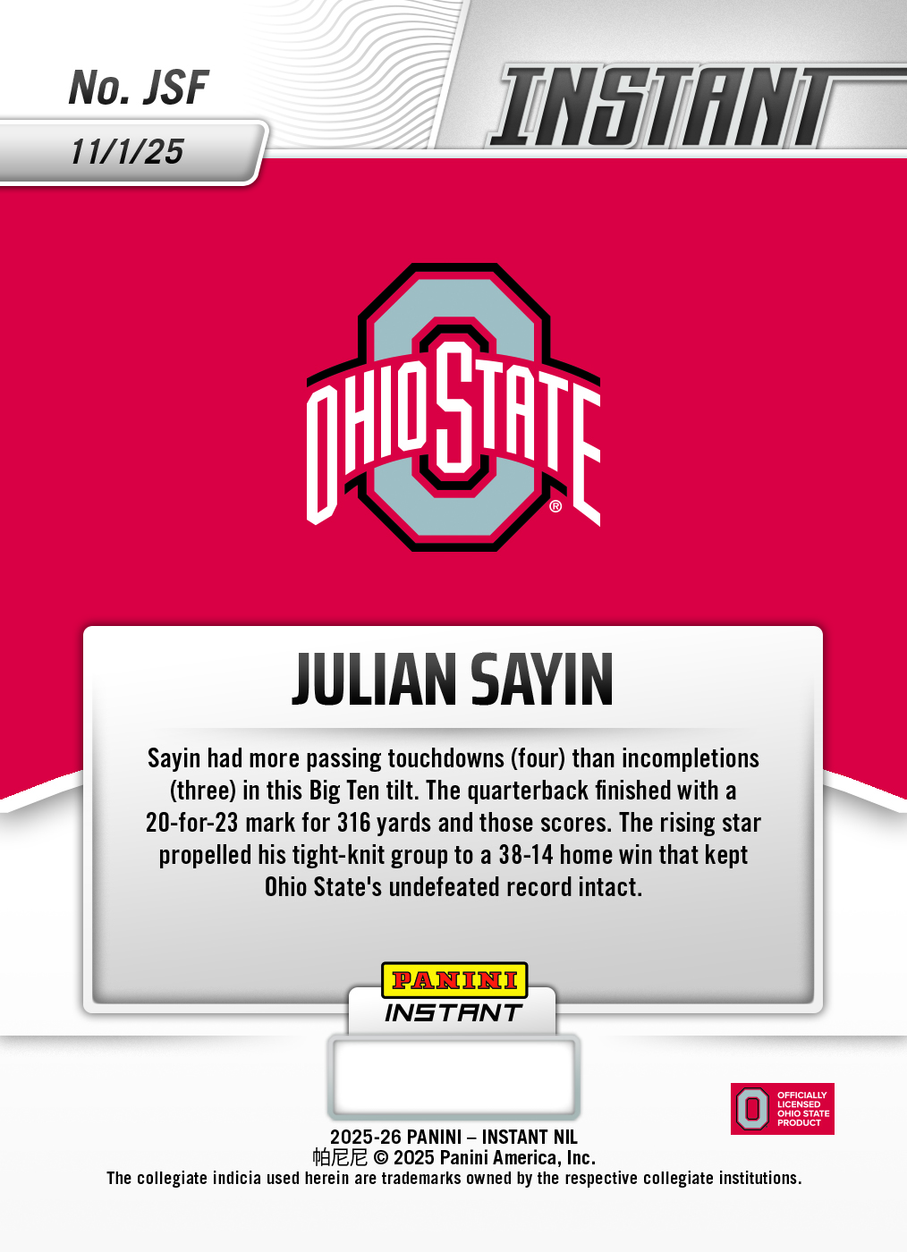 Julian Sayin - 2025 Panini Instant NIL College Football #JSF - Water /10 Auto - Image 2