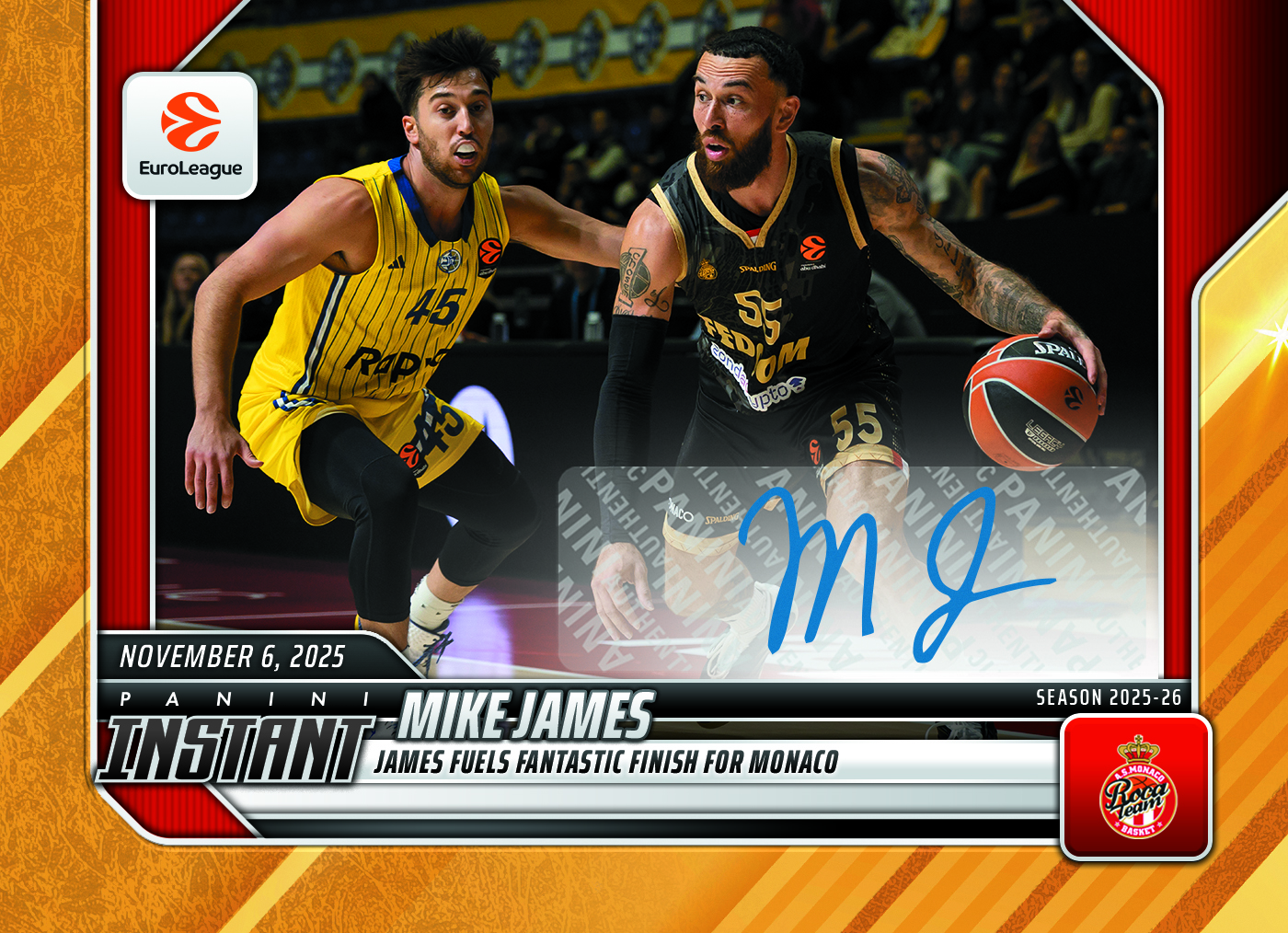 Mike James - 2025-26 Panini Instant EuroLeague #15 - Gold /10 Auto