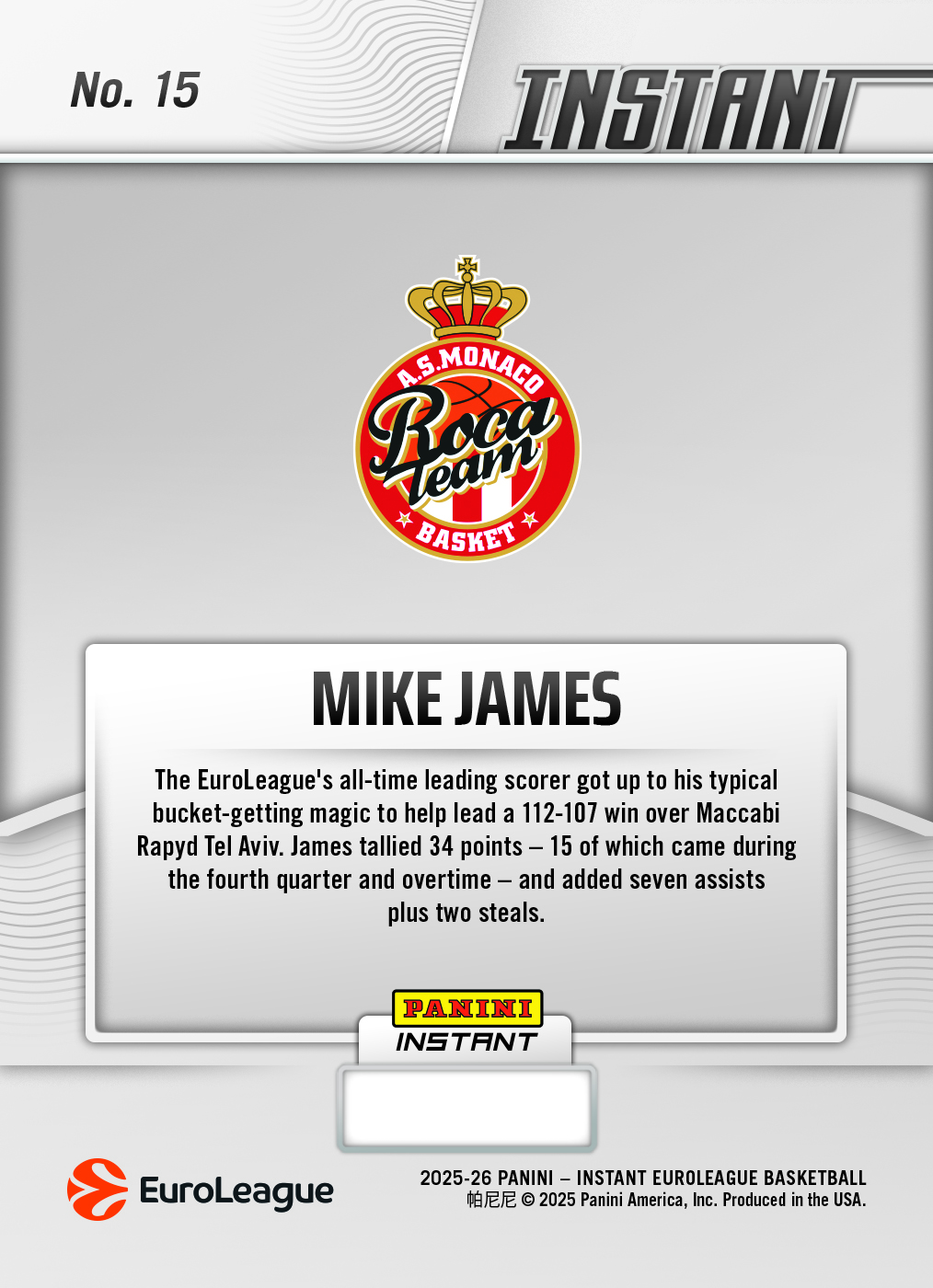 Mike James - 2025-26 Panini Instant EuroLeague #15 - Gold /10 Auto - Image 2
