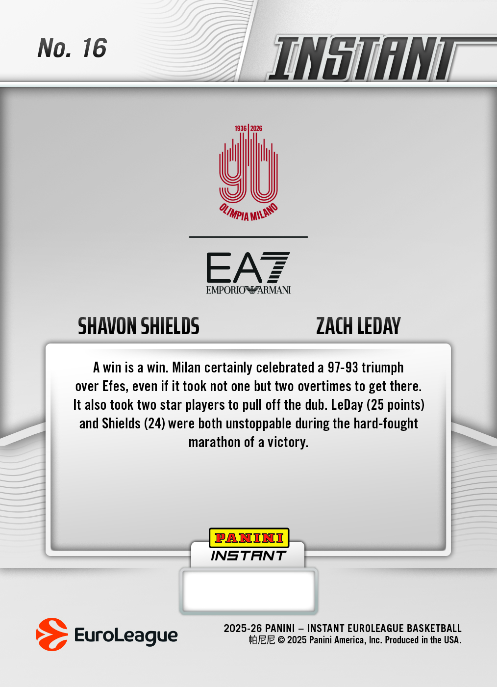 Shavon Shields/Zach LeDay - 2025-26 Panini Instant EuroLeague #16 - Galaxy 1/1 - Image 2