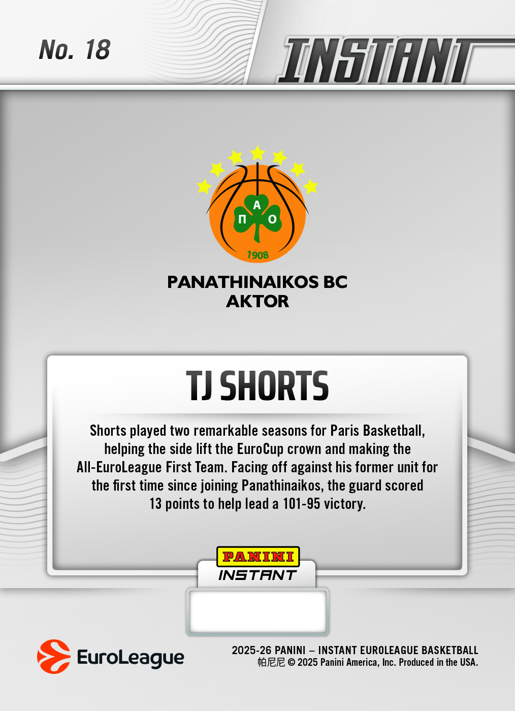 TJ Shorts - 2025-26 Panini Instant EuroLeague #18 - Metallic /5 - Image 2