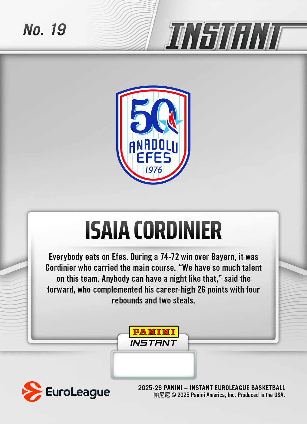 Isaia Cordinier - 2025-26 Panini Instant EuroLeague #19 - Metallic /5 - Image 2