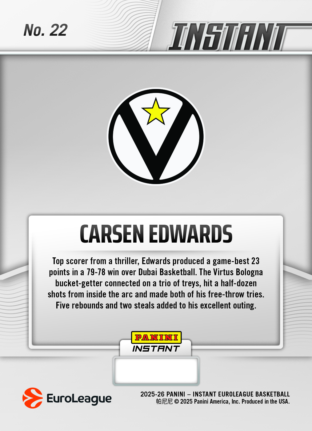 Carsen Edwards - 2025-26 Panini Instant EuroLeague #22 - Galaxy 1/1 - Image 2