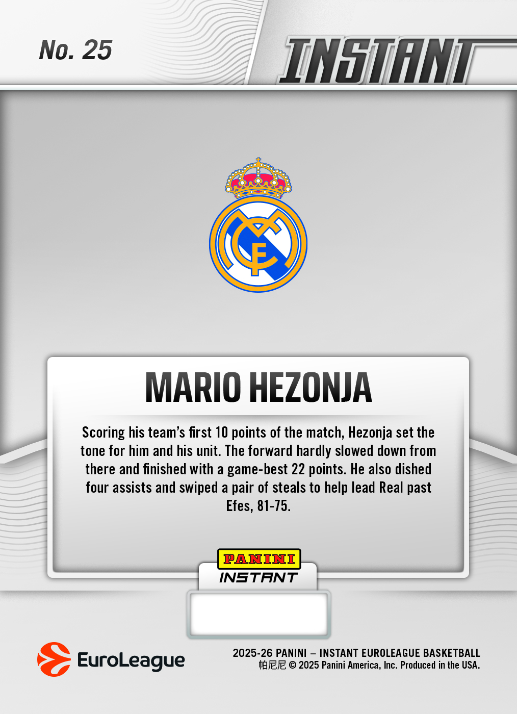 Mario Hezonja - 2025-26 Panini Instant EuroLeague #25 - Galaxy 1/1 Auto - Image 2
