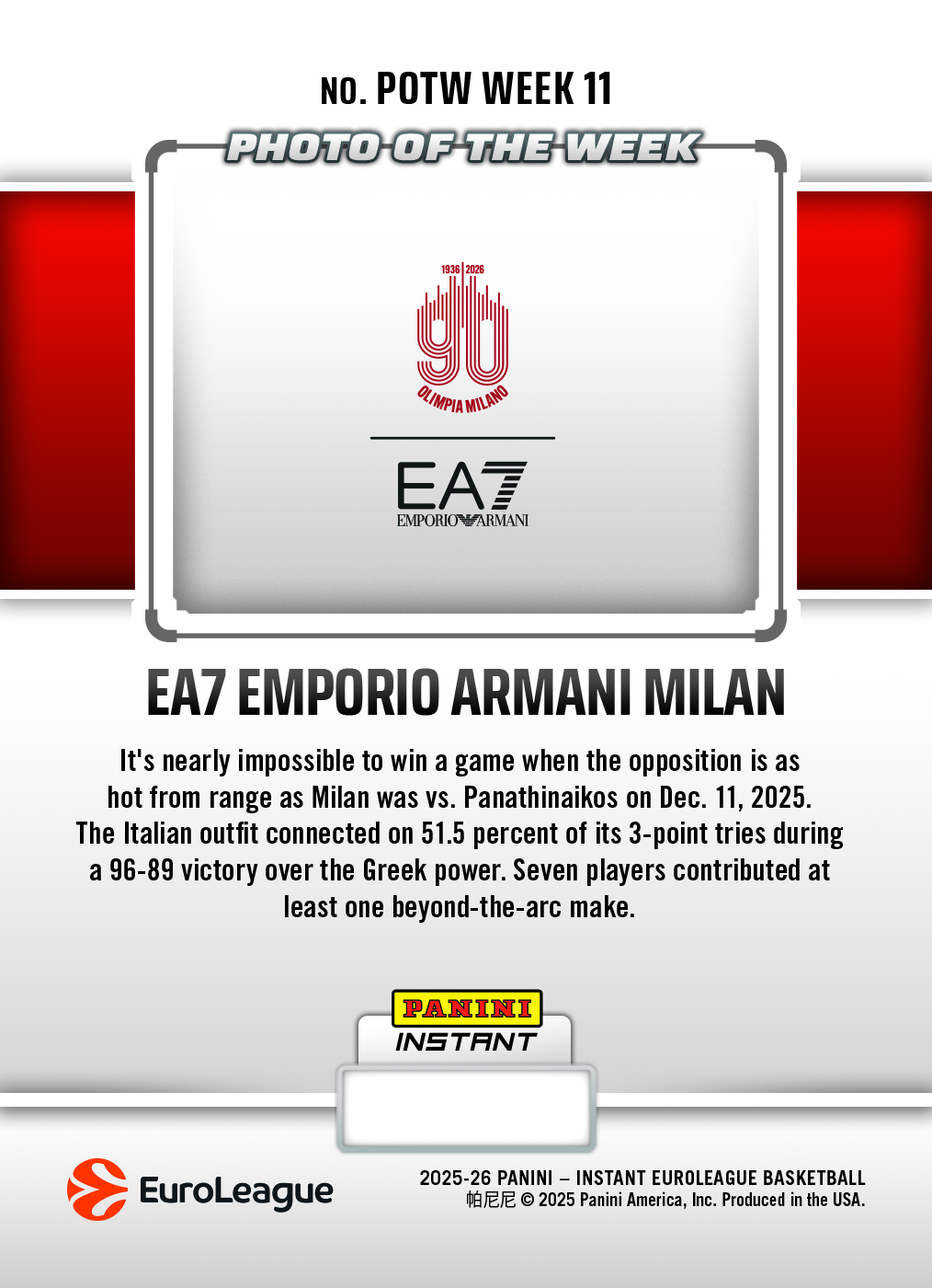 EA7 Emporio Armani Milan - 2025-26 Panini Instant EuroLeague Photo of the Week #11 - Galaxy 1/1 - Image 2