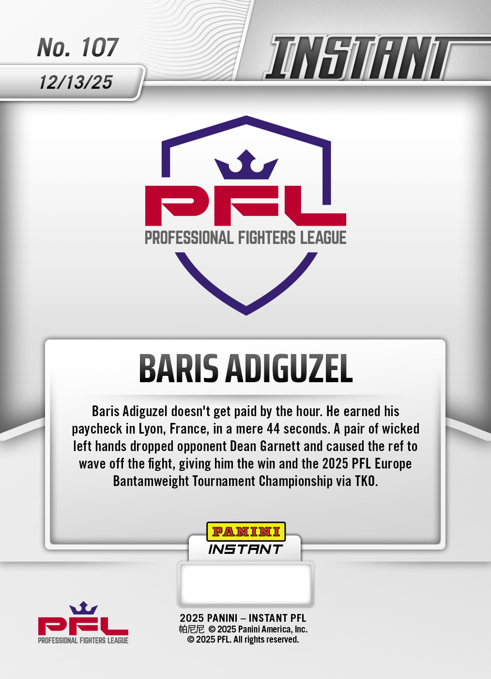 Baris Adiguzel - 2025 Panini Instant PFL #107 - Lightning /5 - Image 2