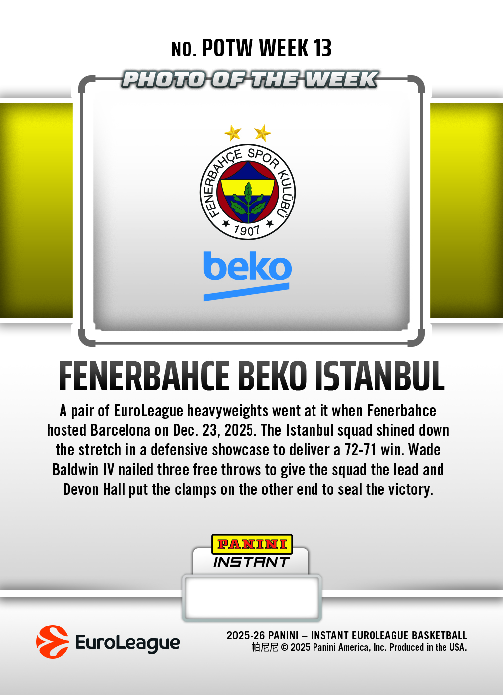 Fenerbahce Beko Istanbul - 2025-26 Panini Instant EuroLeague Photo of the Week #13 - Galaxy 1/1 - Image 2