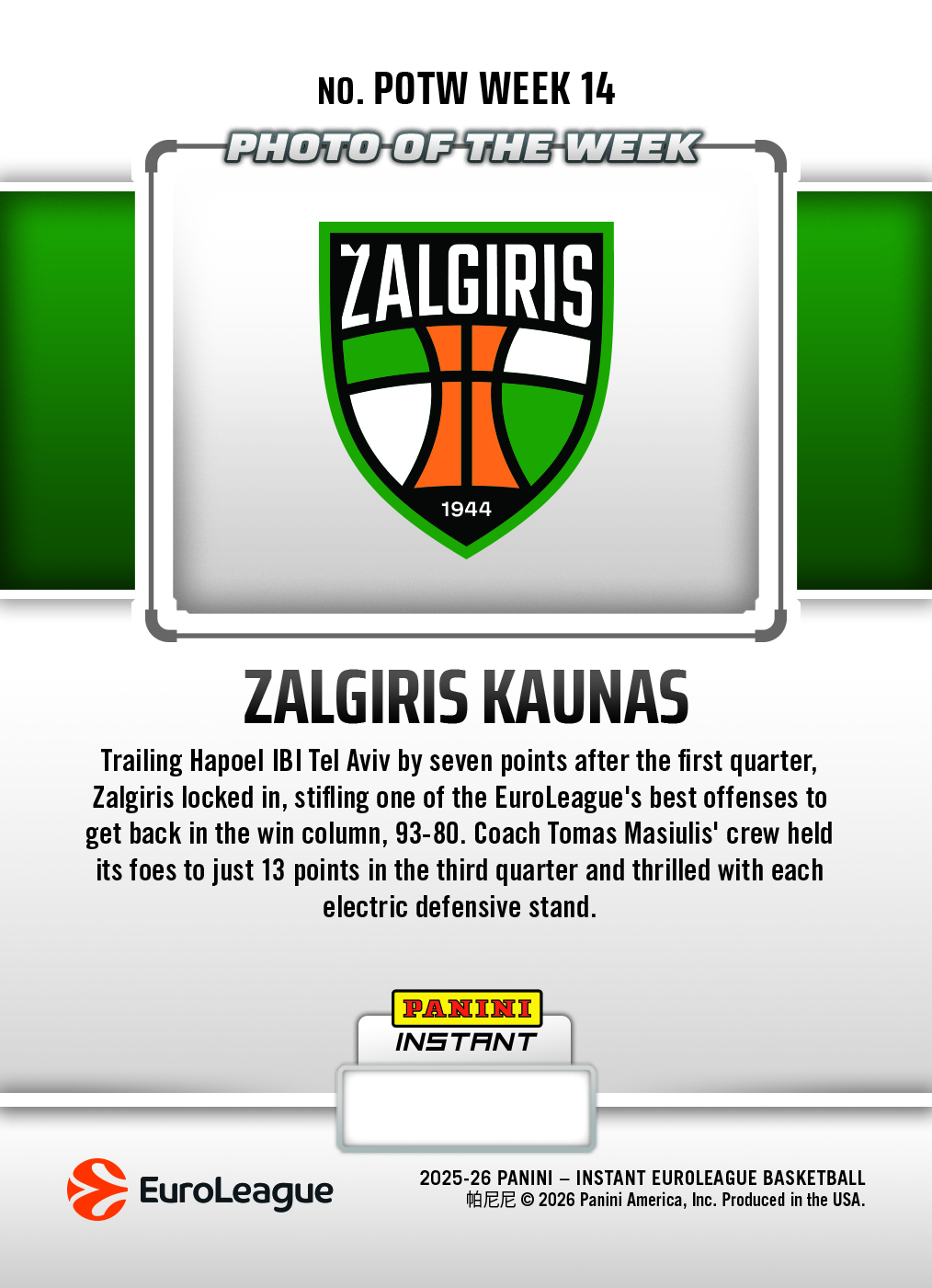 Zalgiris Kaunas - 2025-26 Panini Instant EuroLeague Photo of the Week #14 - Metallic /5 - Image 2