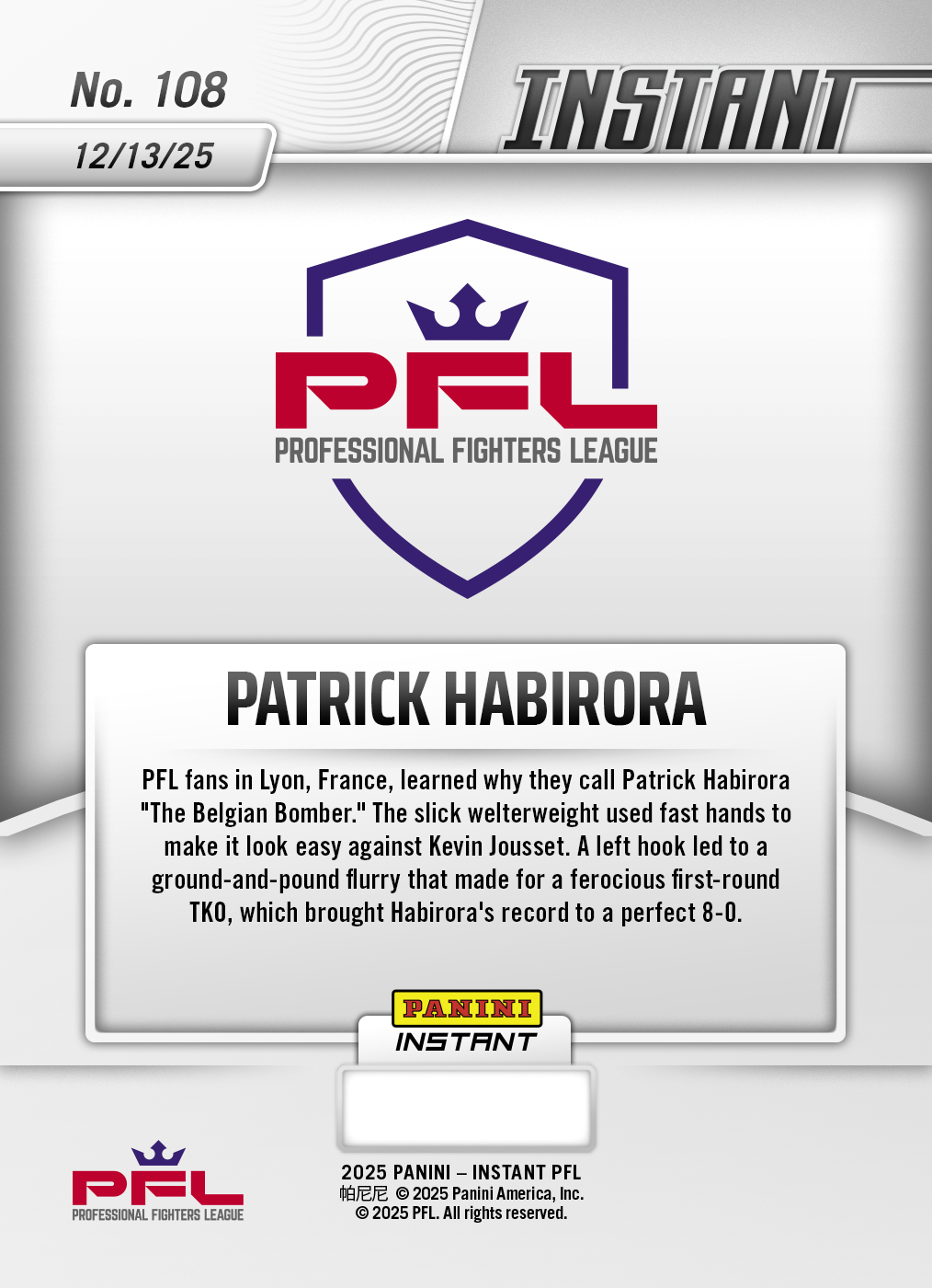 Patrick Habirora - 2025 Panini Instant PFL #108 - Lightning /5 - Image 2