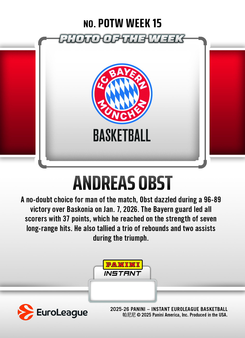 Andreas Obst - 2025-26 Panini Instant EuroLeague Photo of the Week #15 - Metallic /5 - Image 2