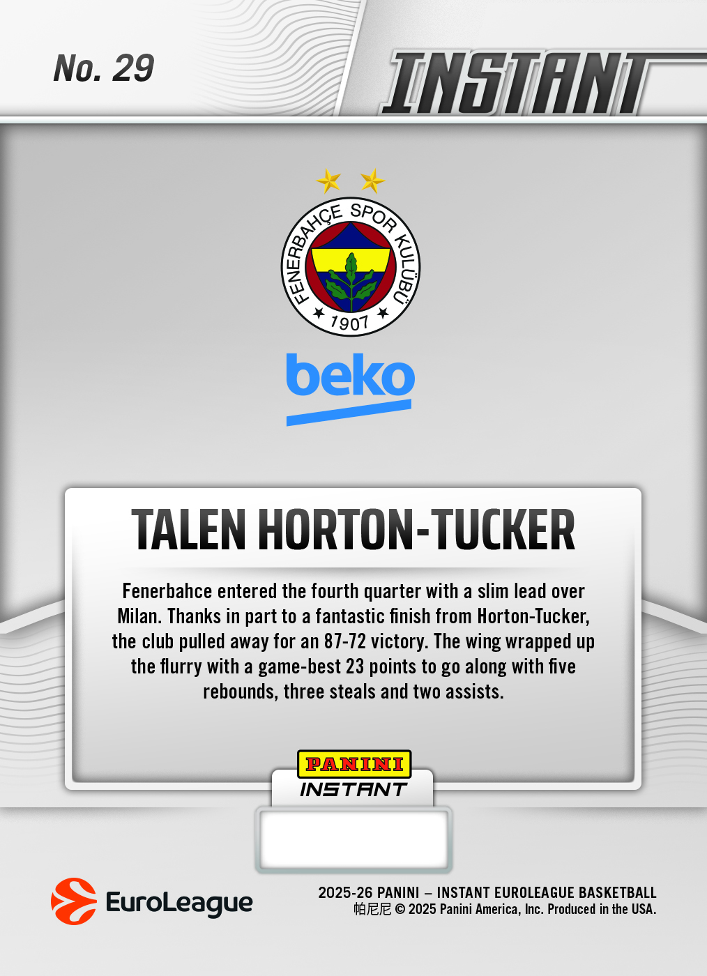 Talen Horton-Tucker - 2025-26 Panini Instant EuroLeague #29 - Galaxy 1/1 - Image 2