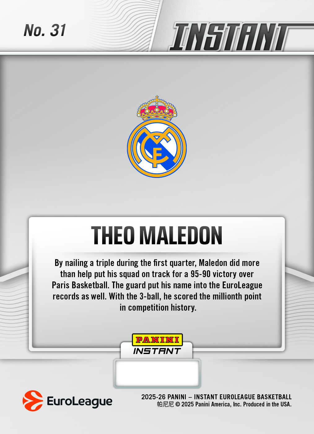 Theo Maledon - 2025-26 Panini Instant EuroLeague #31 - Gold /10 Auto - Image 2
