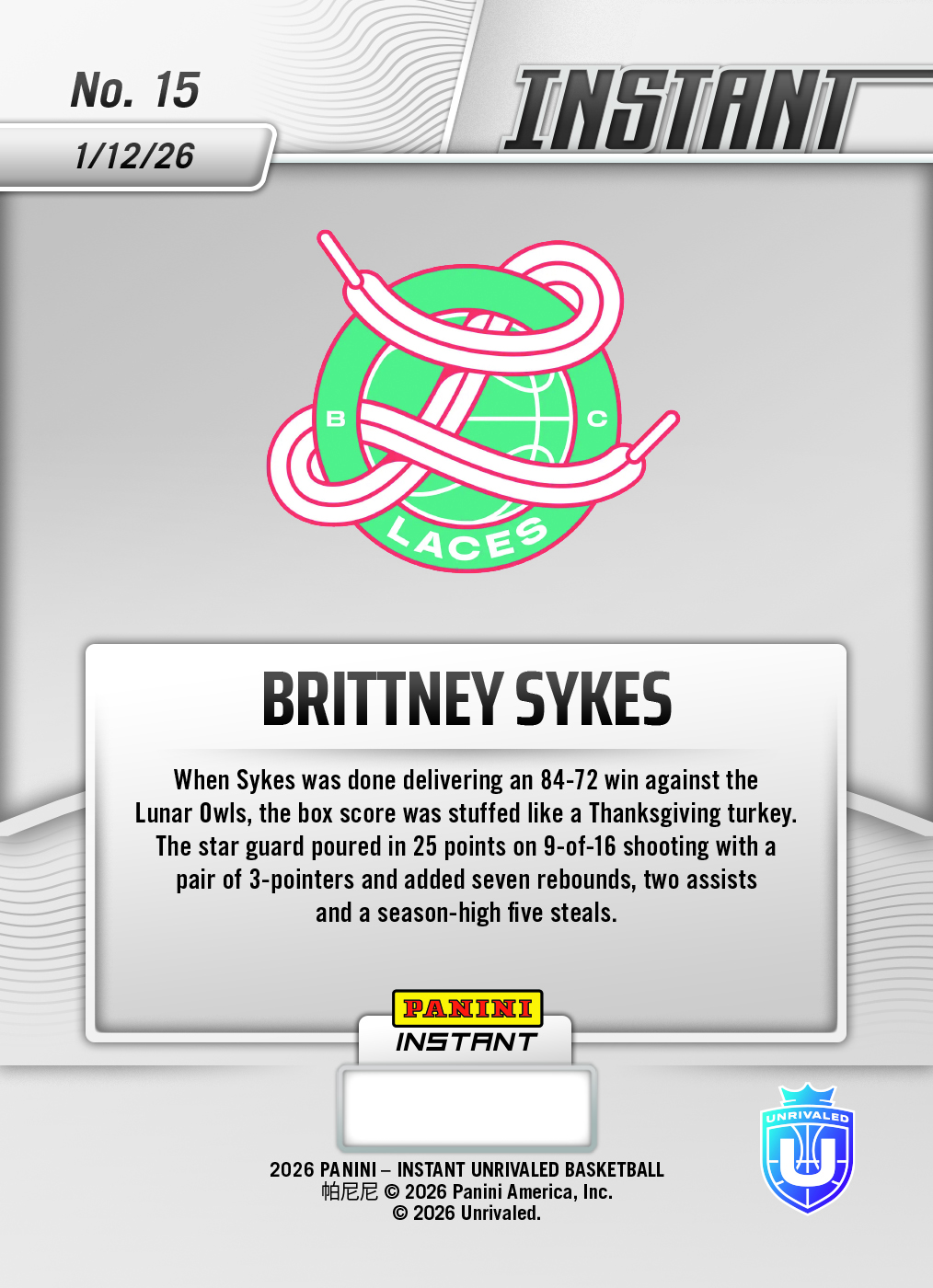 Brittney Sykes - 2026 Panini Instant Unrivaled #15 - Metallic /5 - Image 2