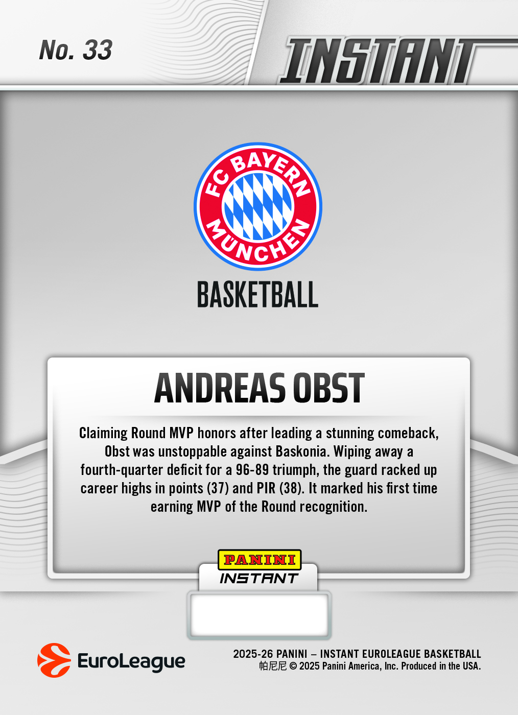 Andreas Obst - 2025-26 Panini Instant EuroLeague #33 - Metallic /5 - Image 2