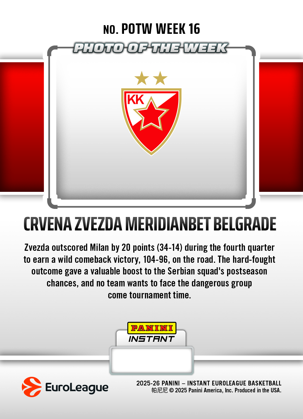 Crvena Zvezda Meridianbet Belgrade - 2025-26 Panini Instant EuroLeague Photo of the Week #16 - Metallic /5 - Image 2
