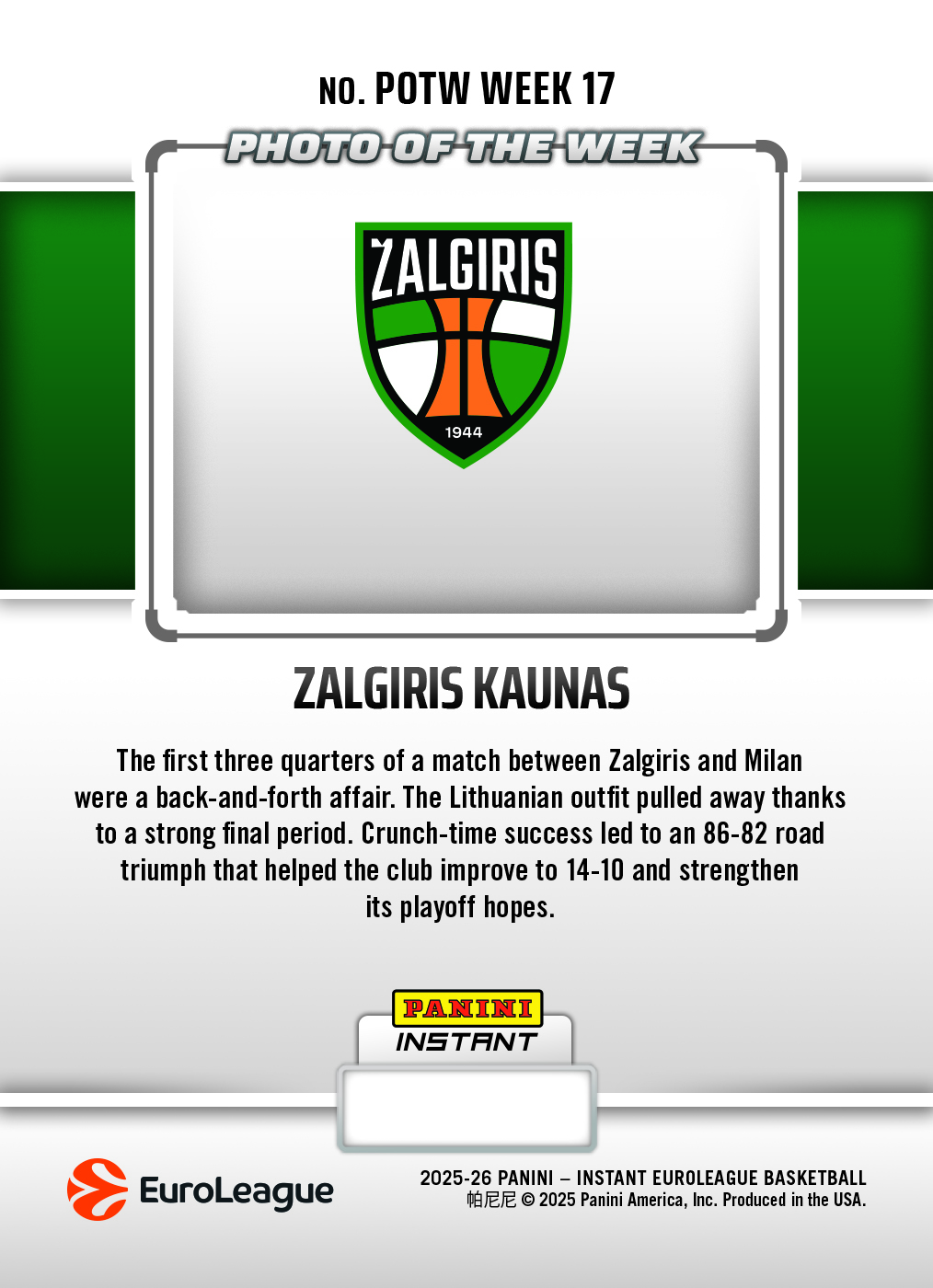 Zalgiris Kaunas - 2025-26 Panini Instant EuroLeague Photo of the Week #17 - Metallic /5 - Image 2