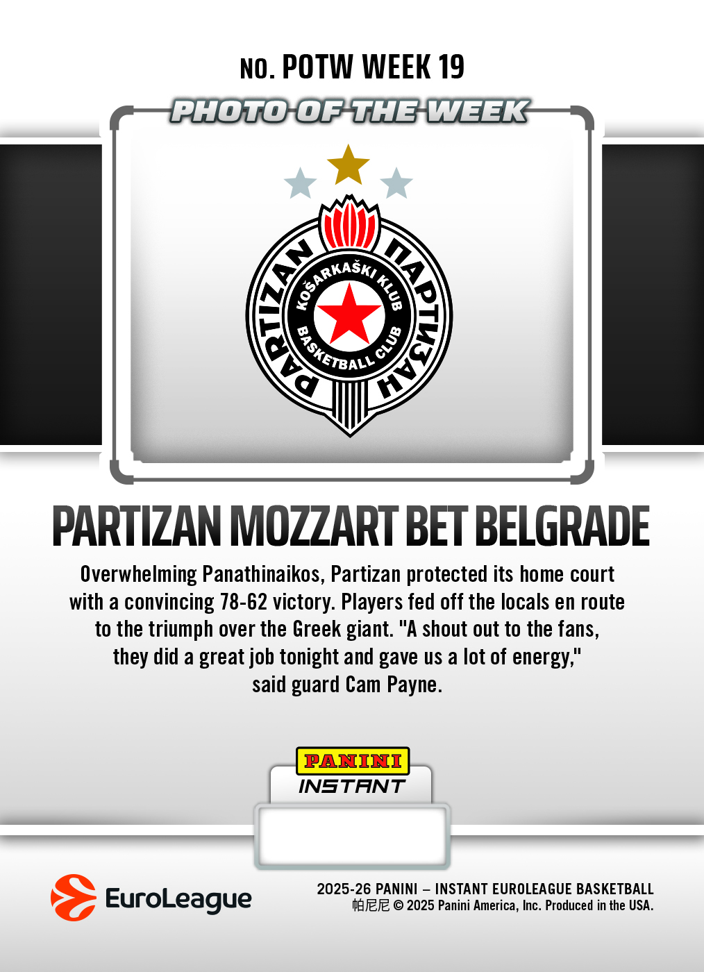 Partizan Mozzart Bet Belgrade - 2025-26 Panini Instant EuroLeague Photo of the Week #19 - Metallic /5 - Image 2