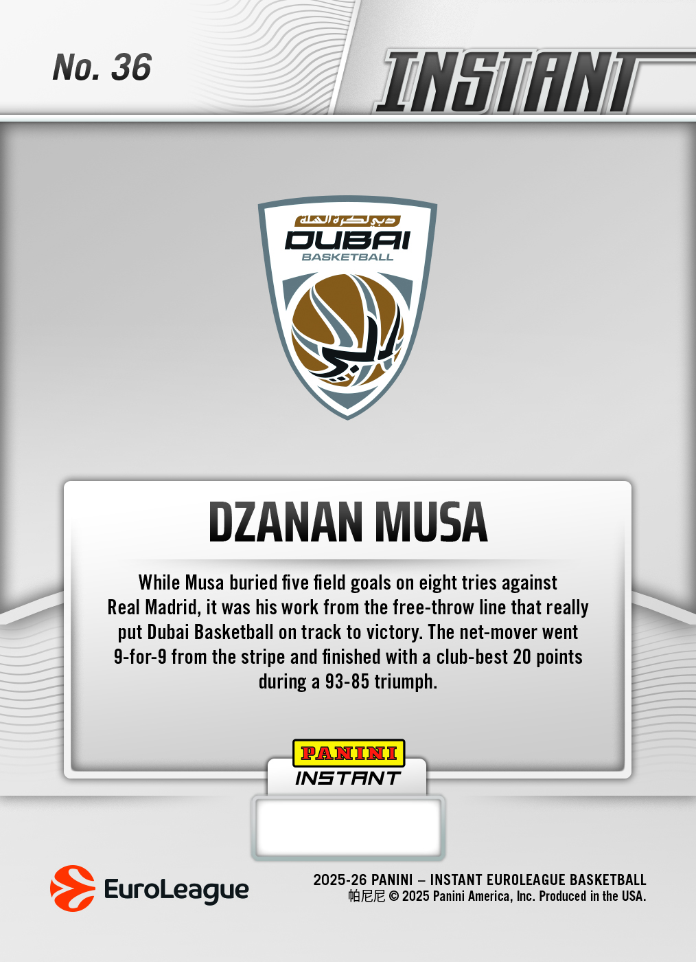 Dzanan Musa - 2025-26 Panini Instant EuroLeague #36 - Metallic /5 - Image 2