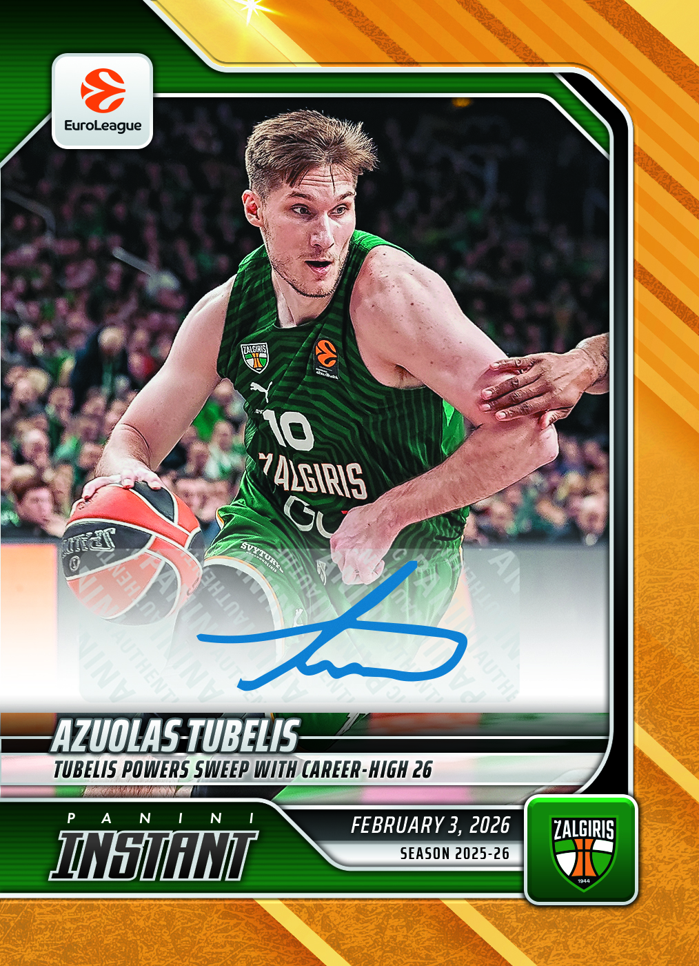 Azuolas Tubelis - 2025-26 Panini Instant EuroLeague #37 - Gold /10 Auto