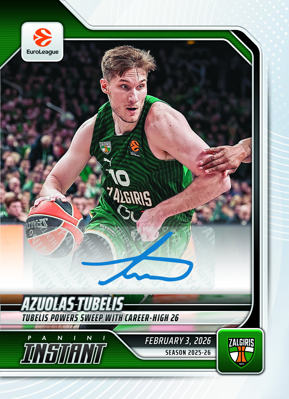 Azuolas Tubelis - 2025-26 Panini Instant EuroLeague #37 - Base Auto /99