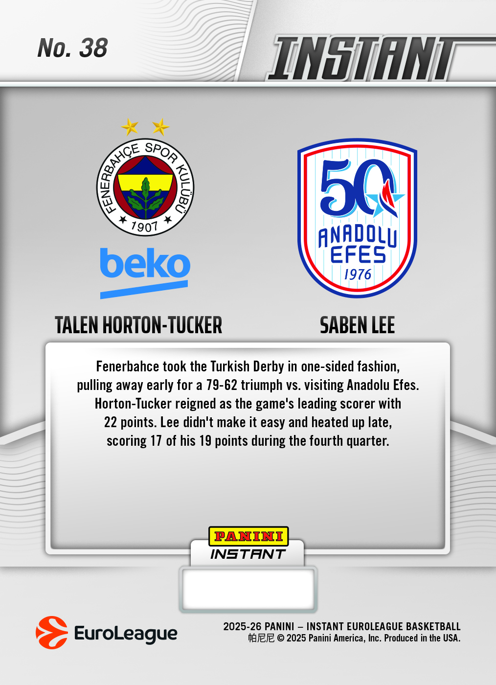 Talen Horton-Tucker/Saben Lee - 2025-26 Panini Instant EuroLeague #38 - Metallic /5 - Image 2