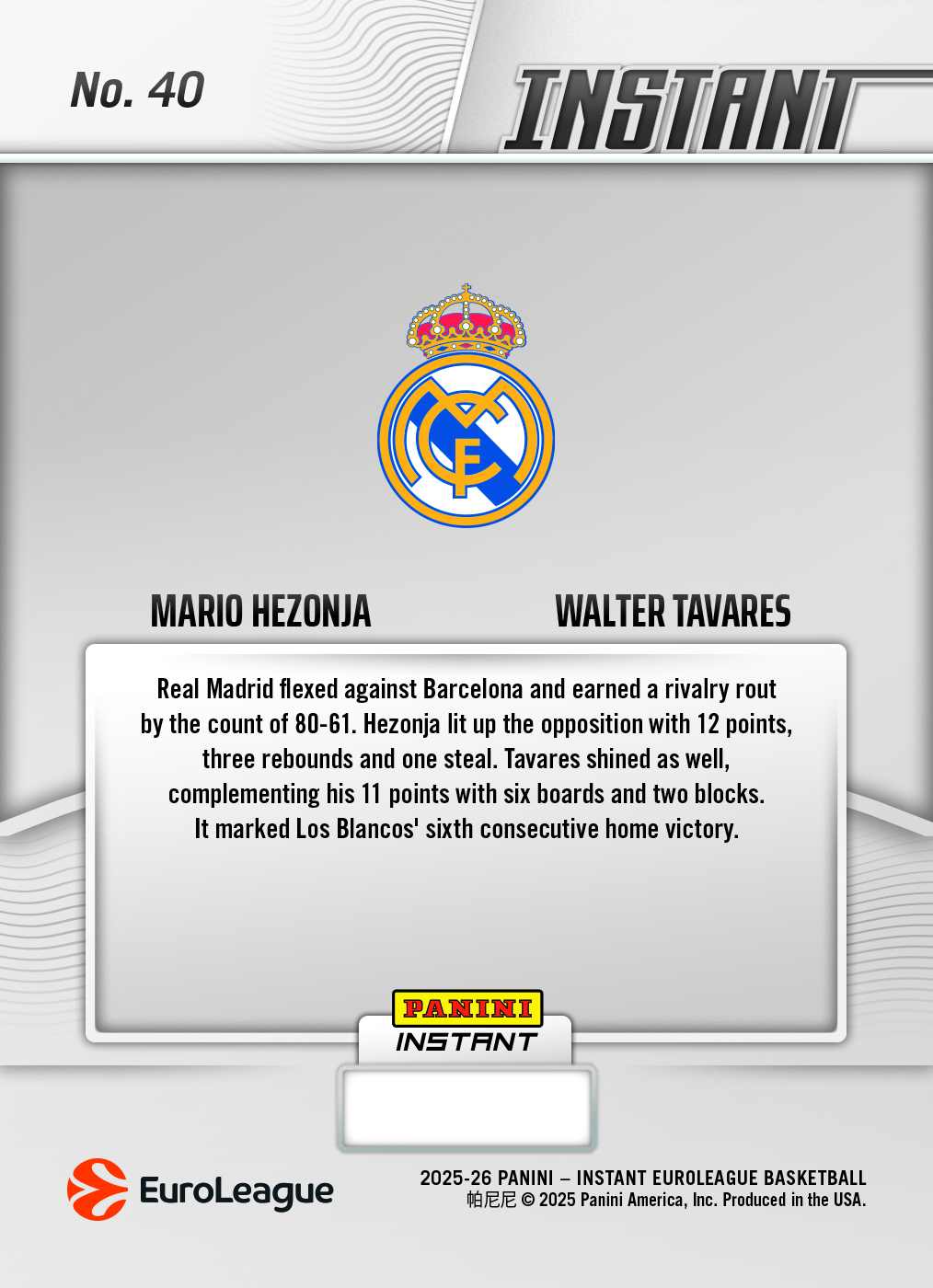 Mario Hezonja/Walter Tavares - 2025-26 Panini Instant EuroLeague #40 - Metallic /5 - Image 2