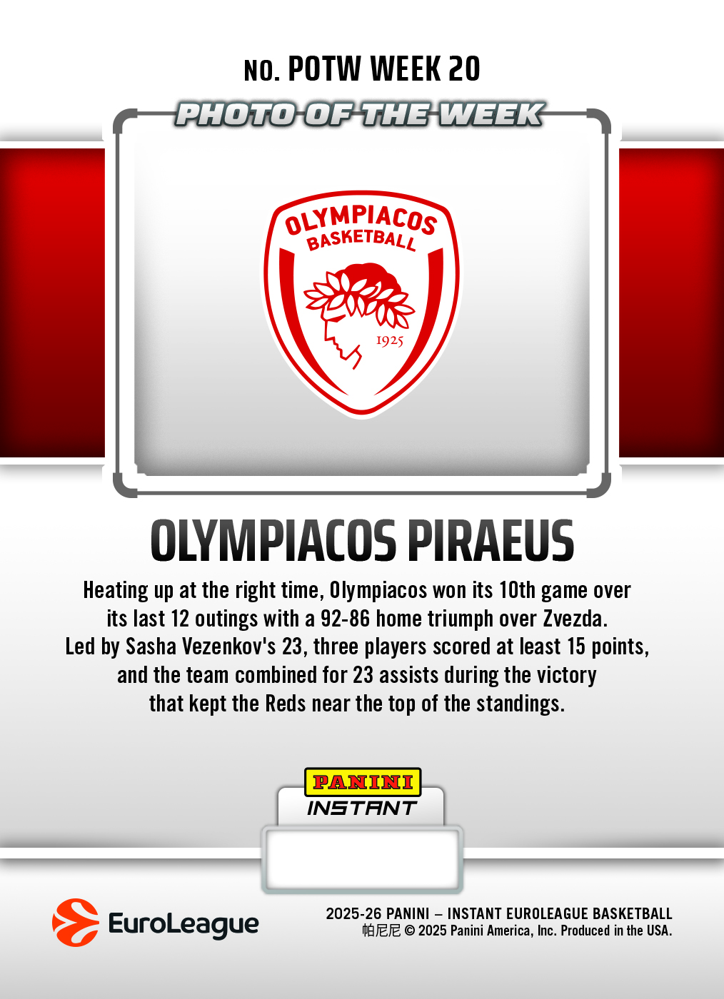Olympiacos Piraeus - 2025-26 Panini Instant EuroLeague Photo of the Week #20 - Galaxy 1/1 - Image 2