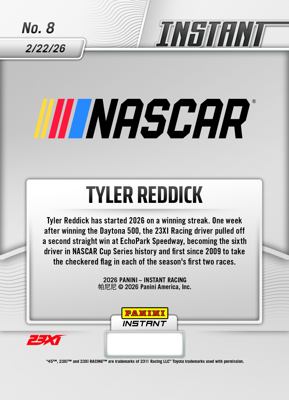 Tyler Reddick - 2026 Panini Instant NASCAR #8 - Gold /10 Auto - Image 2