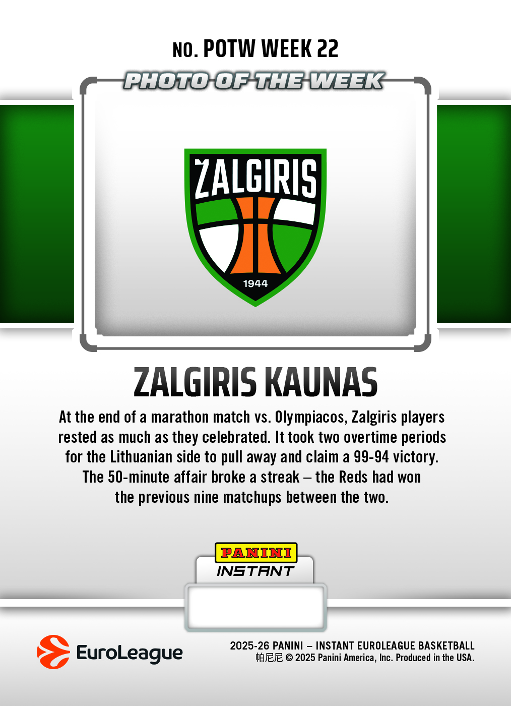 Zalgiris Kaunas - 2025-26 Panini Instant EuroLeague Photo of the Week #22 - Metallic /5 - Image 2
