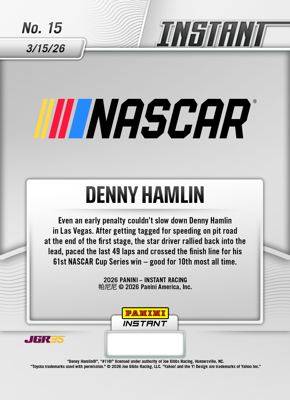Denny Hamlin - 2026 Panini Instant NASCAR #15 - Metallic /5 - Image 2