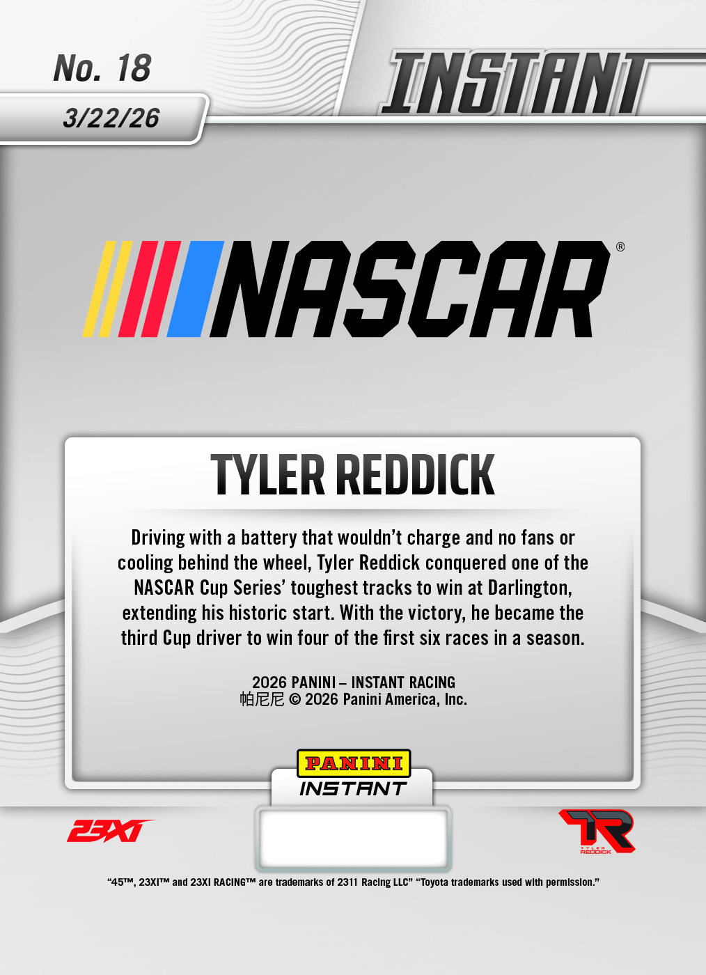 Tyler Reddick - 2026 Panini Instant NASCAR #18 - Galaxy 1/1 - Image 2
