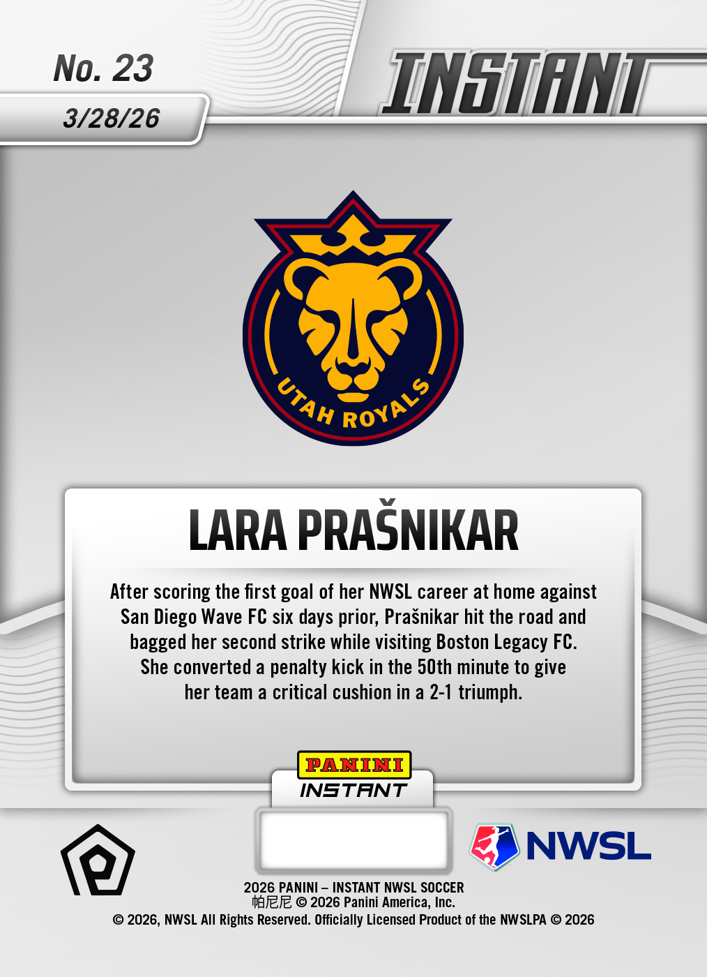 Lara Prasnikar - 2026 Panini Instant NWSL #23 - Metallic /5 - Image 2
