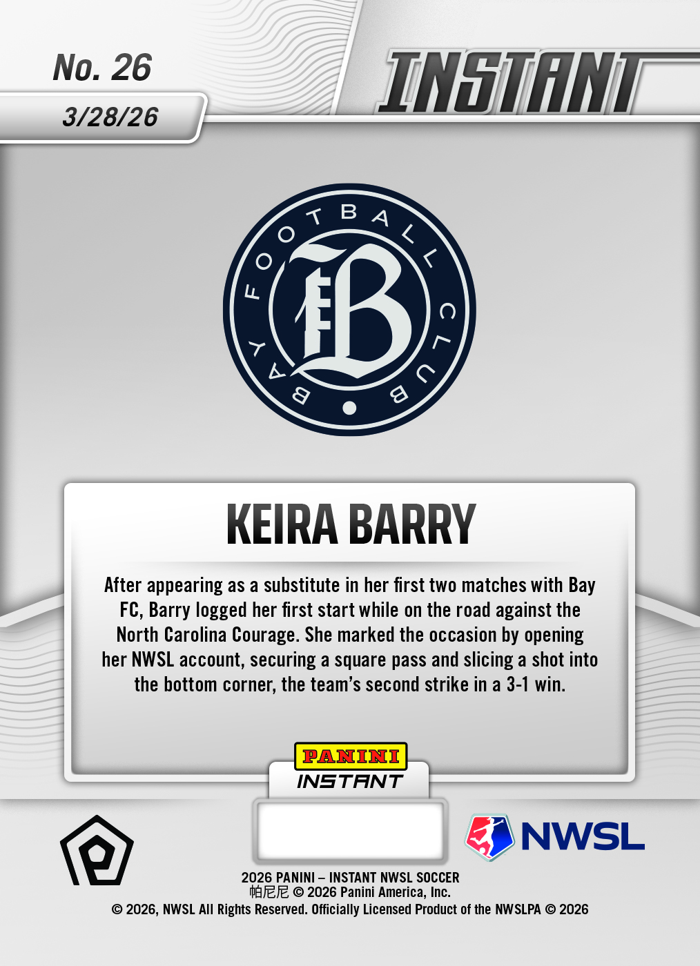 Keira Barry - 2026 Panini Instant NWSL #26 - Metallic /5 - Image 2