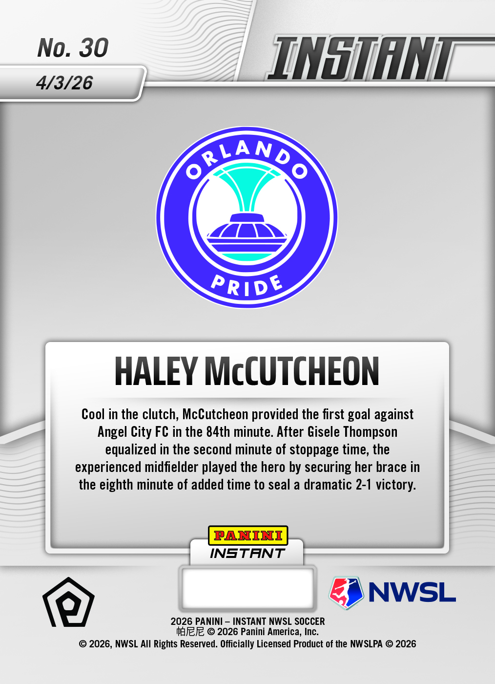 Haley McCutcheon - 2026 Panini Instant NWSL #30 - Metallic /5 - Image 2