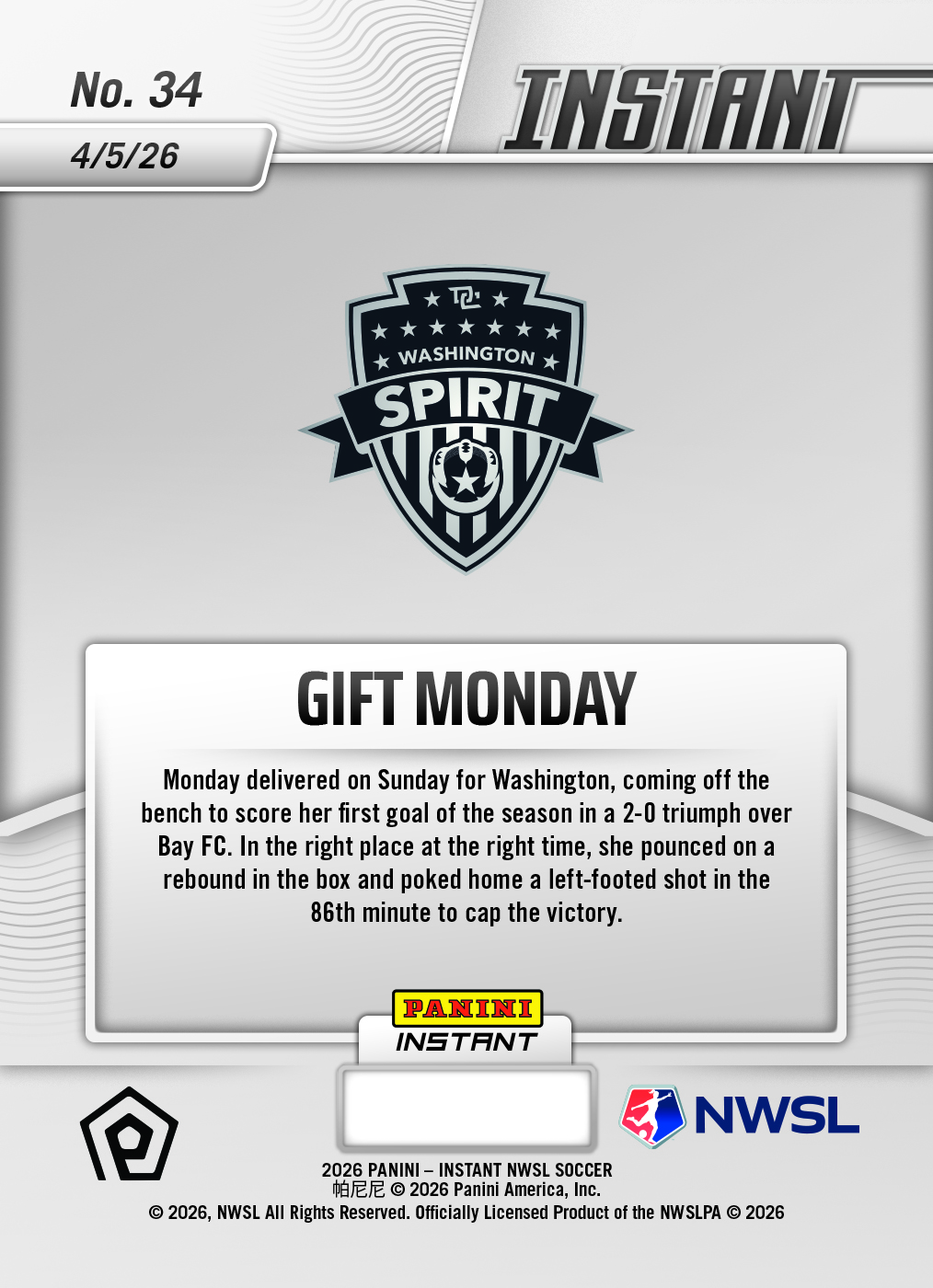 Gift Monday - 2026 Panini Instant NWSL #34 - Metallic /5 - Image 2
