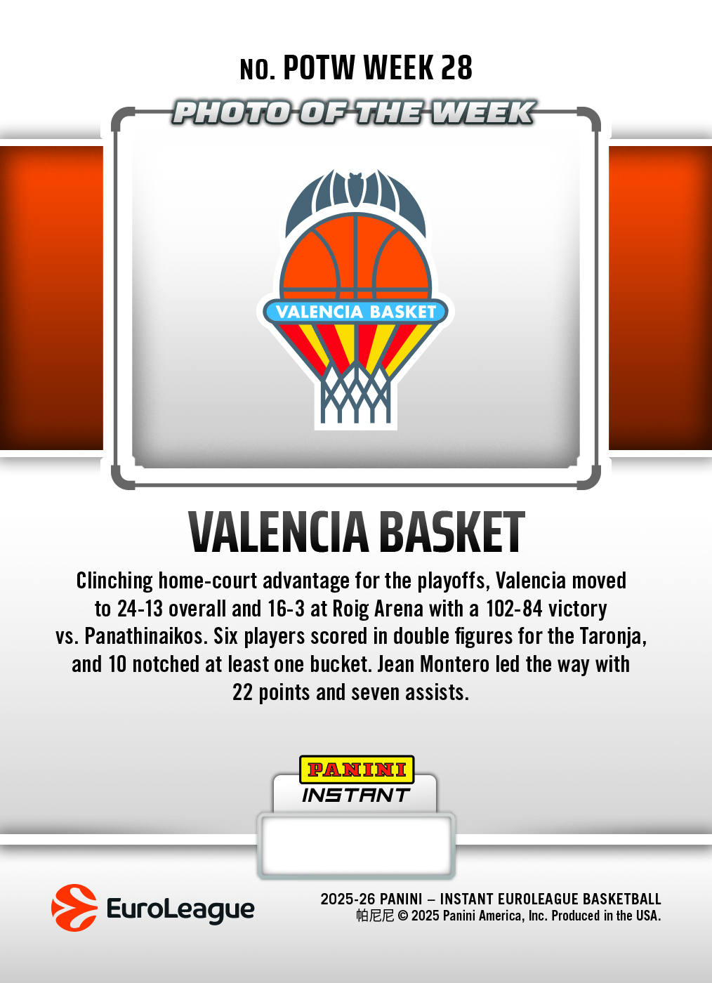 Valencia Basket - 2025-26 Panini Instant EuroLeague Photo of the Week #28 - Galaxy 1/1 - Image 2