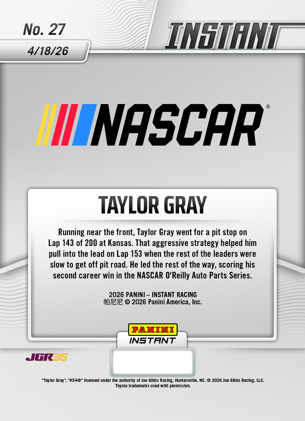 Taylor Gray - 2026 Panini Instant NASCAR #27 - Metallic /5 - Image 2
