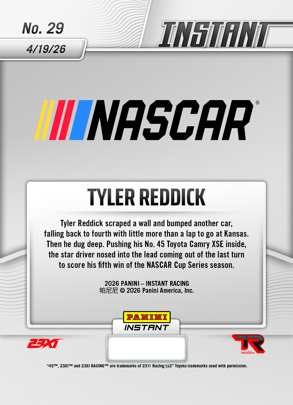 Tyler Reddick - 2026 Panini Instant NASCAR #29 - Galaxy 1/1 Auto - Image 2