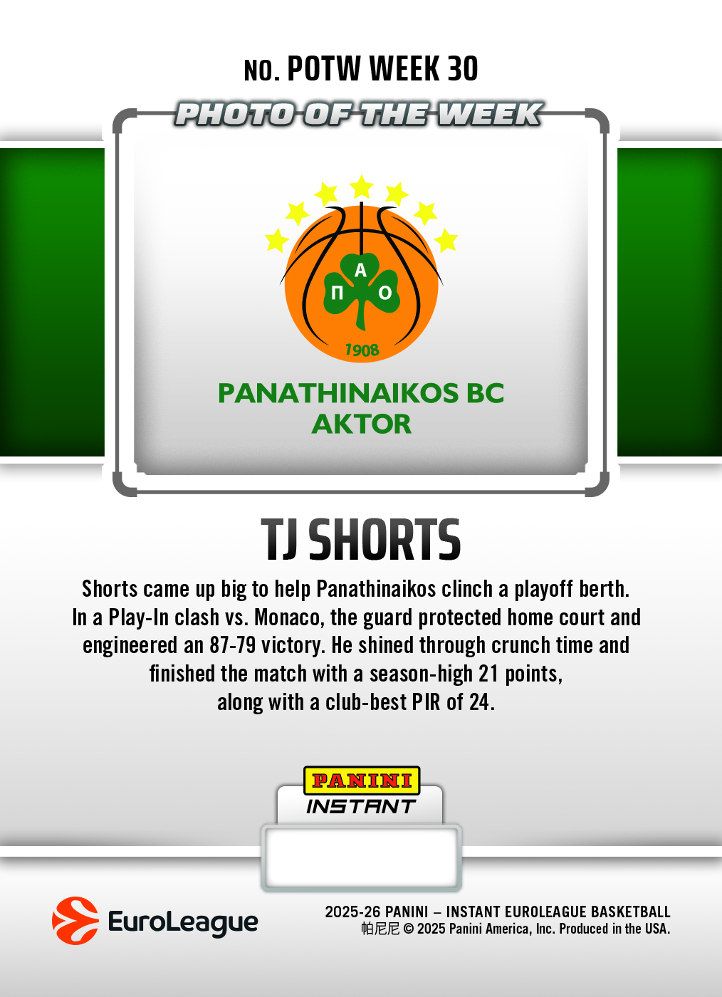 TJ Shorts - 2025-26 Panini Instant EuroLeague Photo of the Week #30 - Metallic /5 - Image 2