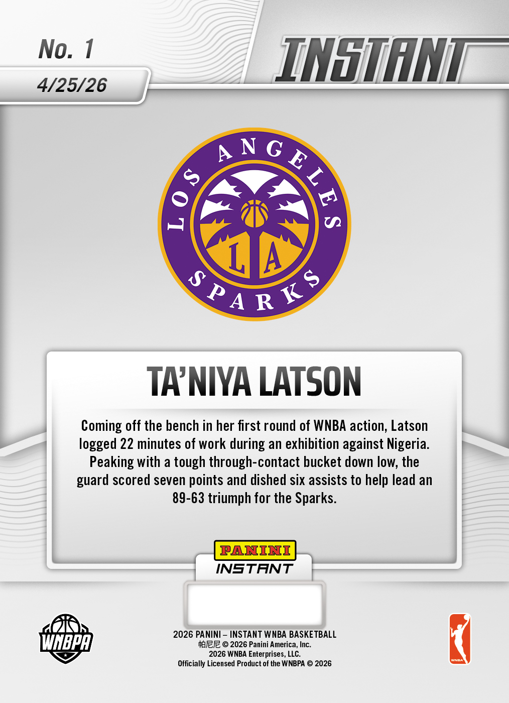 Ta'Niya Latson - 2026 Panini Instant WNBA #1 - 30th Anniversary /30 - Image 3