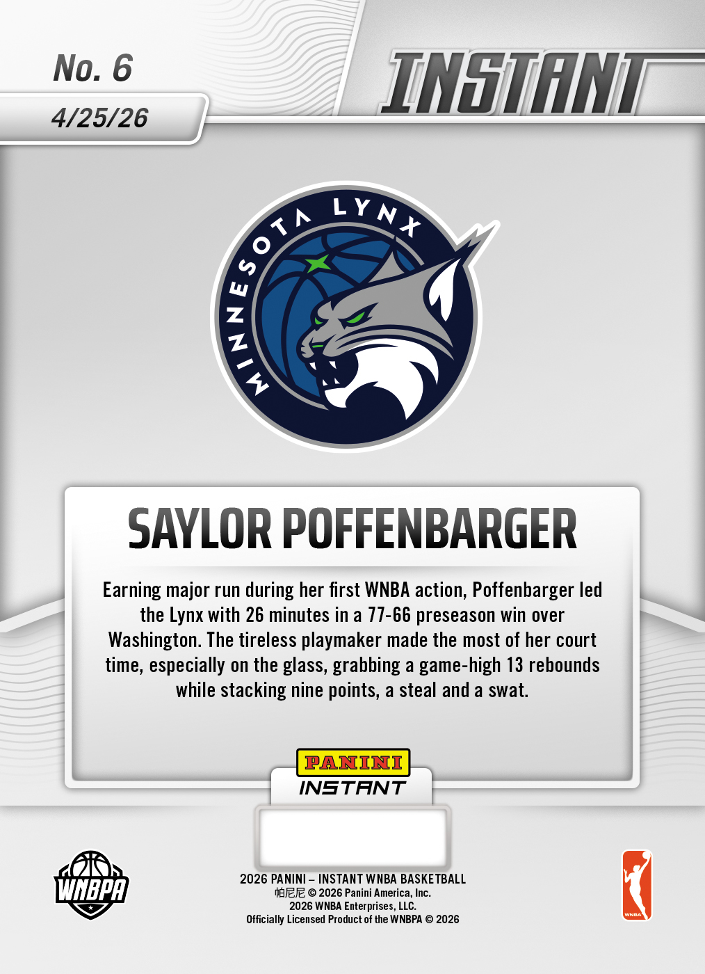 Saylor Poffenbarger - 2026 Panini Instant WNBA #6 - 30th Anniversary /30 - Image 2