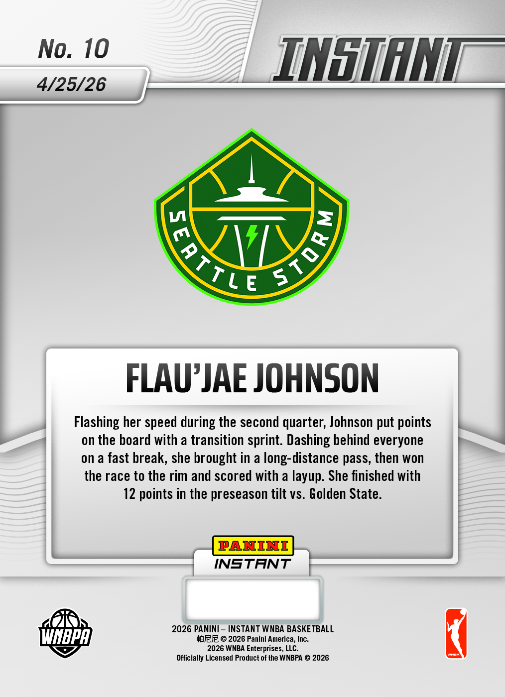 Flau'jae Johnson - 2026 Panini Instant WNBA #10 - 30th Anniversary /30 - Image 3