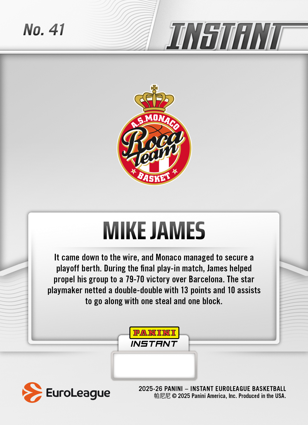 Mike James - 2025-26 Panini Instant EuroLeague #41 - Metallic /5 - Image 2