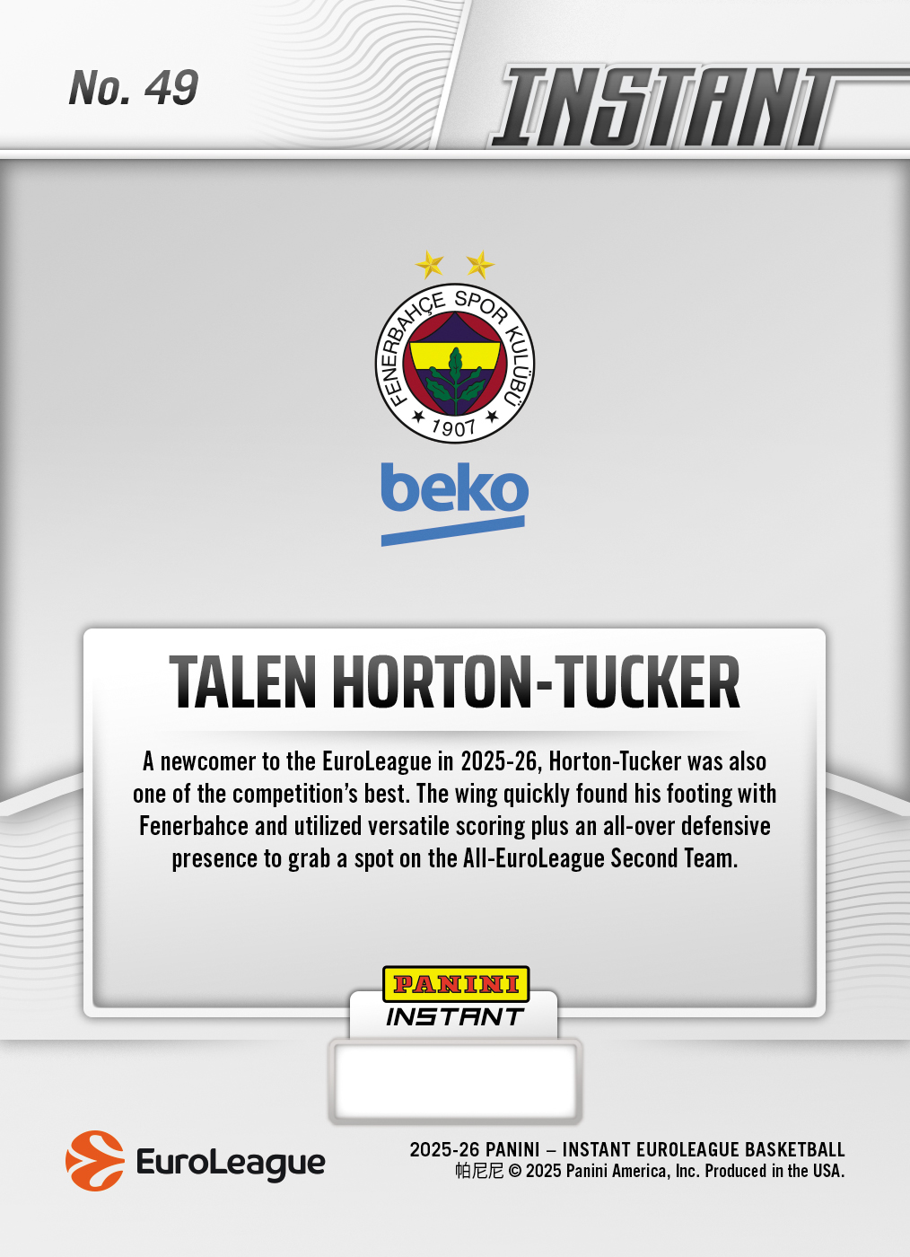 Talen Horton-Tucker - 2025-26 Panini Instant EuroLeague #49 - Galaxy 1/1 - Image 2