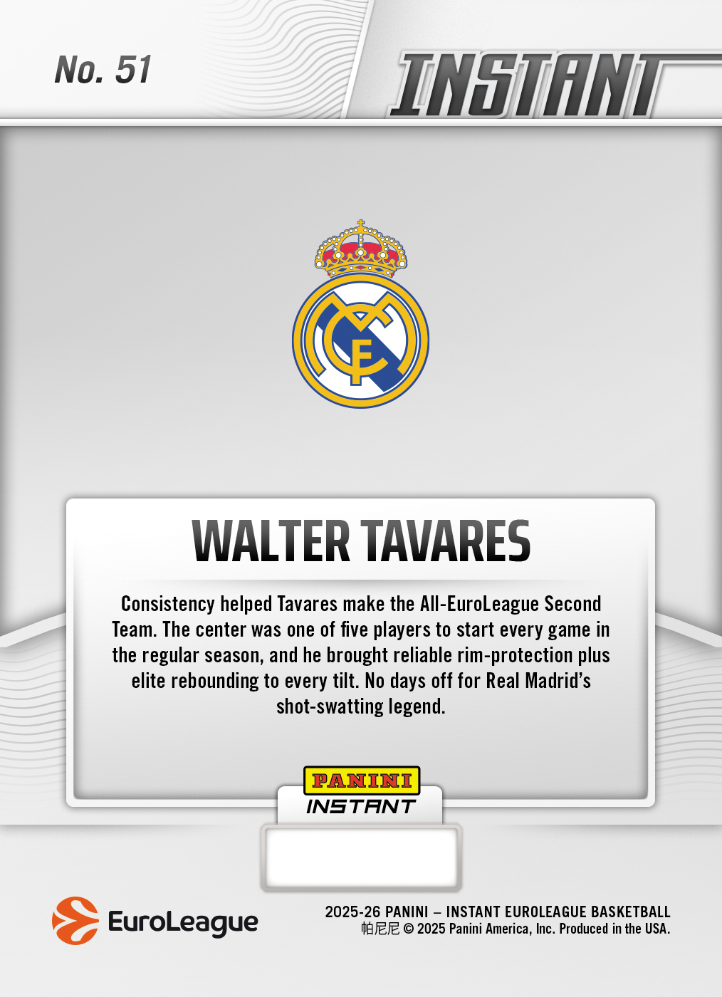 Walter Tavares - 2025-26 Panini Instant EuroLeague #51 - Metallic /5 - Image 2