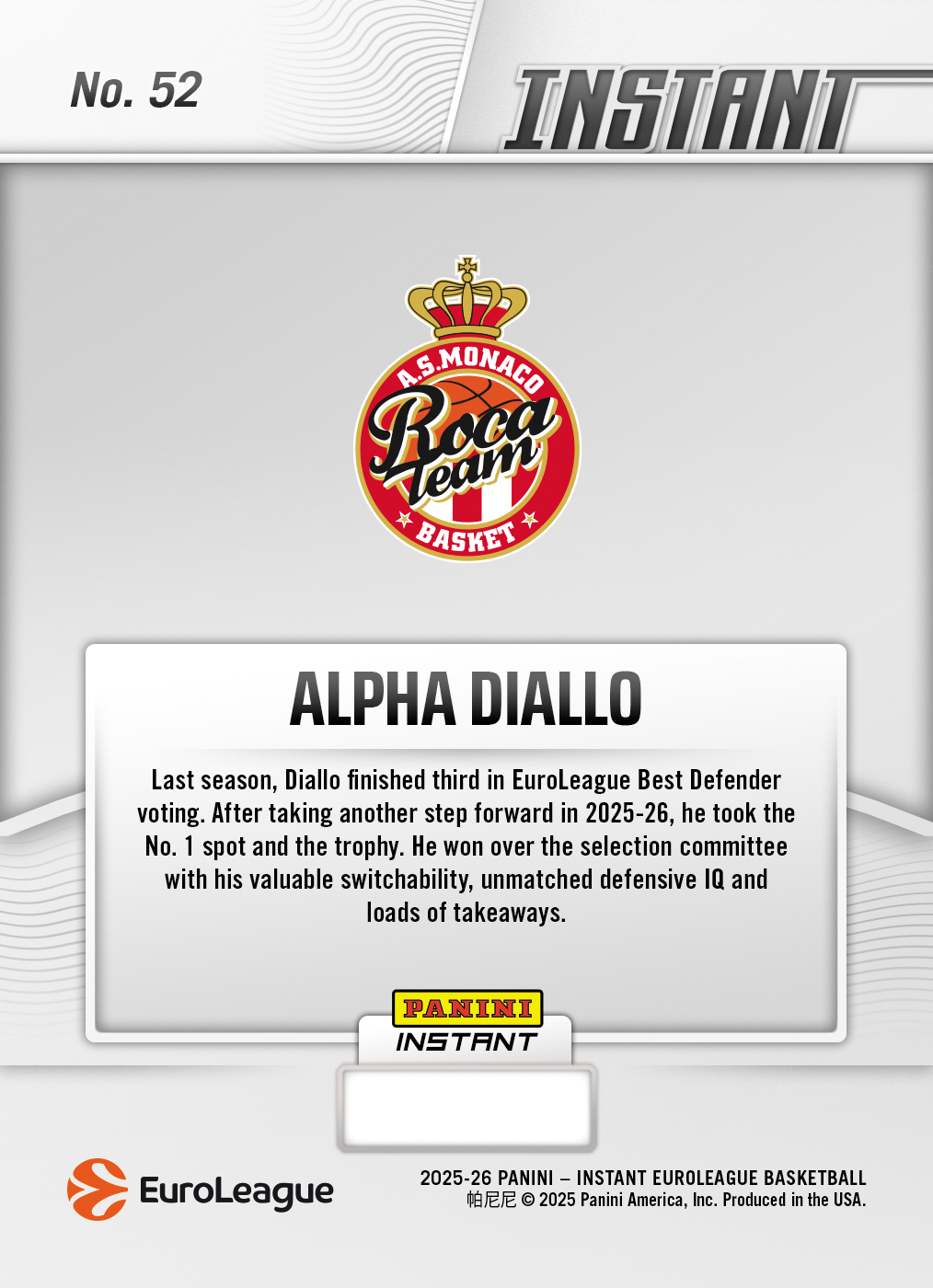 Alpha Diallo - 2025-26 Panini Instant EuroLeague #52 - Base Auto /99 - Image 2