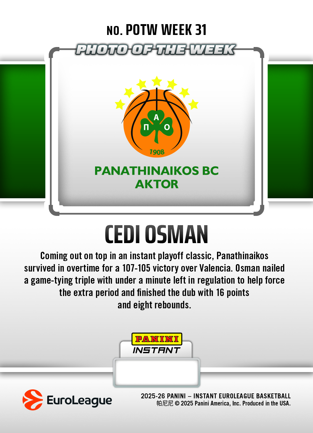 Cedi Osman - 2025-26 Panini Instant EuroLeague Photo of the Week #31 - Metallic /5 - Image 2